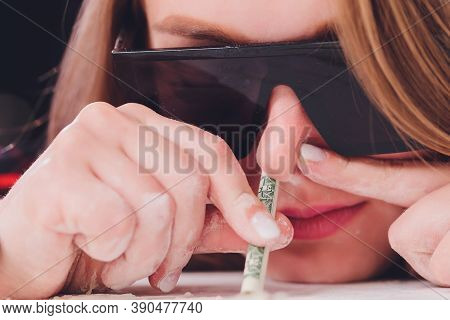 Swag Girl Sniffing Cocaine Imitation, Flour . Blonde Woman Stoned. White Background.