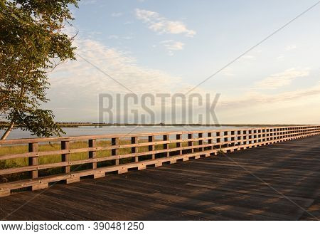 Stunning View Of Wooden Causeway In Duxbury Over The Bay.