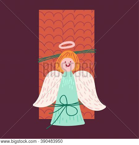 Christmas Gift With Angel Flat Vector Illustration