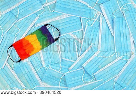 Multicolored Protective Mask. Many Disposable Medical Protective Masks, Top View. Protection Against