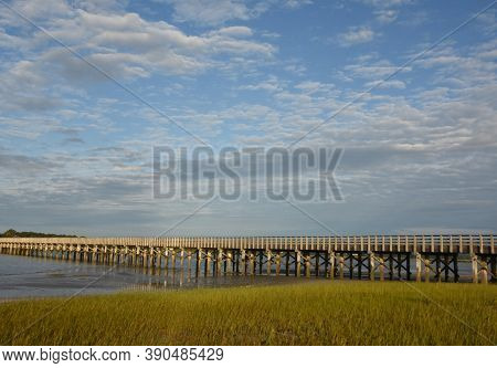 Long Wood Bridge Stretching Over The Bay In Duxbury.