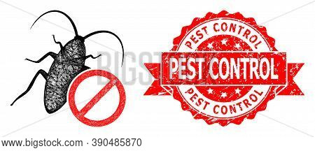 Network No Cockroach Icon, And Pest Control Dirty Ribbon Stamp Seal. Red Stamp Seal Includes Pest Co
