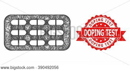Network Pill Blister Icon, And Doping Test Unclean Ribbon Stamp Seal. Red Stamp Seal Includes Doping