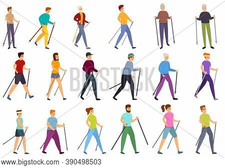Nordic Walking Icons Set. Cartoon Set Of Nordic Walking Vector Icons For Web Design