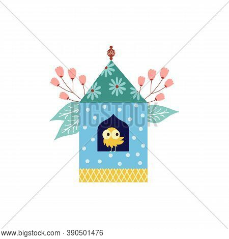 Vector Isolated Illustration Of Beautiful Birdhouse With Flowers And Yellow Bird