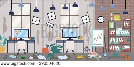 Dirty Office With Scattered Things In Disorder, Flat Vector Illustration.