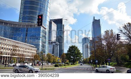 Warsaw, Poland. 19 October 2020. Roundabout Daszynski. New Skyscrapers In The Financial District Of 