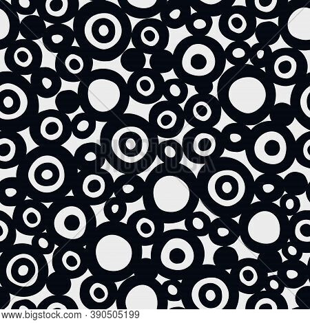 Seamless Geometric Pattern With Hand Drawn Uneven Black Rings Of Different Size On White Background 
