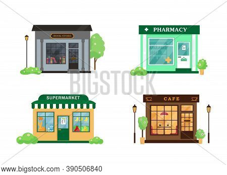 Set Of City Buildings. Book Store, Cafe, Pharmacy And Supermarket Exterior. Vector Illustrations Iso