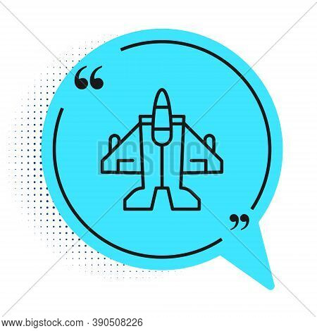 Black Line Jet Fighter Icon Isolated On White Background. Military Aircraft. Blue Speech Bubble Symb