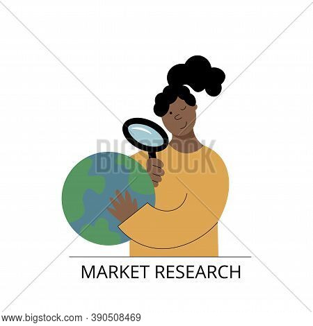 Global Market Research Concept. Vector Illustration Of A Girl Looking Through Magnifying Glass On Th