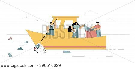Ocean Clean Up. Volunteers Clean The Sea, The Ocean Is Garbage. Flat Men Float In A Boat To Clean Up
