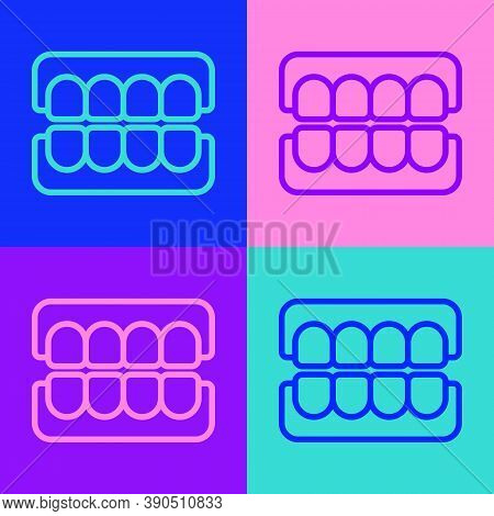 Pop Art Line False Jaw Icon Isolated On Color Background. Dental Jaw Or Dentures, False Teeth With I