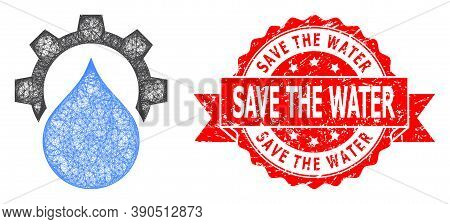 Network Water Supply Service Gear Icon, And Save The Water Rubber Ribbon Stamp Seal. Red Stamp Seal 
