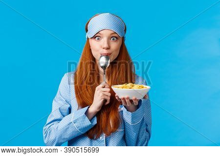 Mmm Delicious. Cute Pretty Foxy Teenager College Girl Licking Spoon Eating Tasty Cereals, Holding Pl