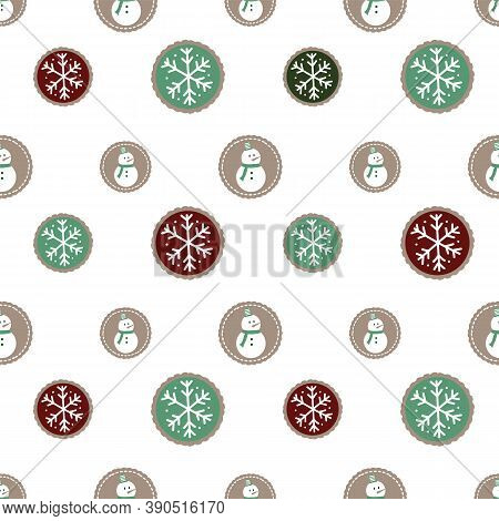 Seamless Pattern Of Traditional Winter Holiday Cookies With Snowmen And Snowflakes On A White Backgr