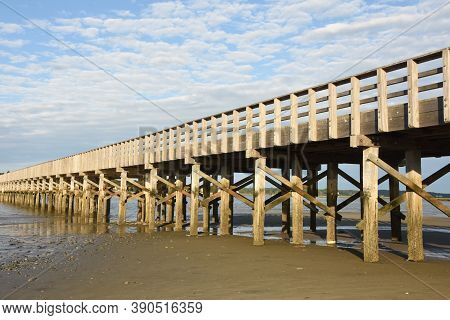 Beautiful View Of Wooden Bridge Over Duxbury Bay.