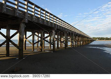 Wooden Powder Point Bridge Over The Bay In Duxbury.