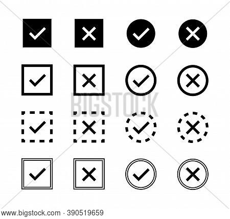 Check Mark, Cross Icon. Vector Isolated Elements, Icons, Signs. Tick Check Mark Black Icons. Stock V