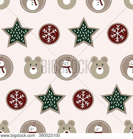 Seamless Pattern Of Holiday Winter Cookies With Snowmen, Snowflakes, Stars And Bears On A Neutral Ba