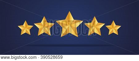 Five Golden Realistic Stars. Vector Golden 3d Isolated Five Stars On Dark Blue Background. Customer 