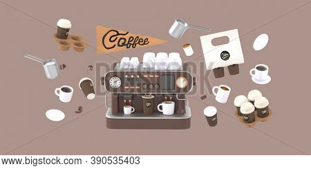 Coffee shop 3D render - coffee machine -modern concept digital illustration of a coffee maker with cups on the top, surrounded by takeout coffee packs and cups. Creative landing web page header