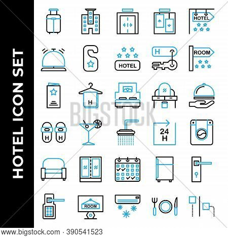 Hotel Icon Set Include Suitcase, Hotel, Elevator, Bell, Door Hanger, Hotel Rating, Key Hotel, Room, 