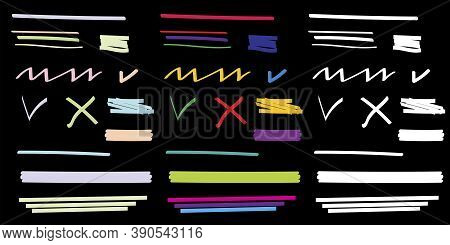 Vector Line Highlighter On Black Board. Hand-drawn Colored Lines. Grunge Scribbles. Stock Image.