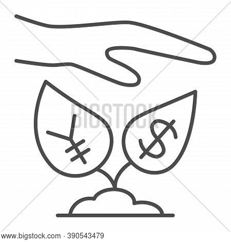 Yen And Dollar Growth Control Thin Line Icon, Economic Sanctions Concept, Protective Hand With Curre
