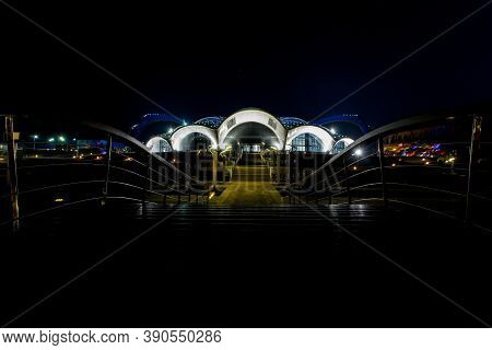 Summer, 2016 - Vladivostok, Russia - Primorsky Oceanarium On The Russian Island. Night Illumination 
