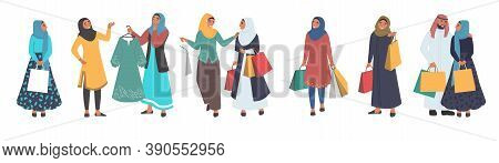Muslim People Shopping, Male And Female Cartoon Character Set, Flat Vector Isolated Illustration. Hi