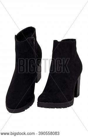 Leather Shoes Isolated. Close-up Of A Pair Of Black Classic Elegant Female Suede Shoes Isolated On A