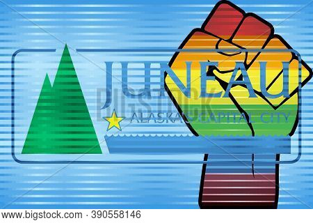 Shiny Lgbt Protest Fist On A Juneau Flag - Illustration, 
Abstract Grunge Juneau And Lgbt Flag