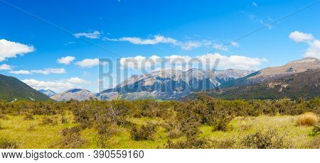 Vivid panoramic photo of mountains at Castle Hill. This area is well known to climbers and people liking bouldering. Kura Tawhiti - as it is called by native Maori. Canterbury, New Zealand 