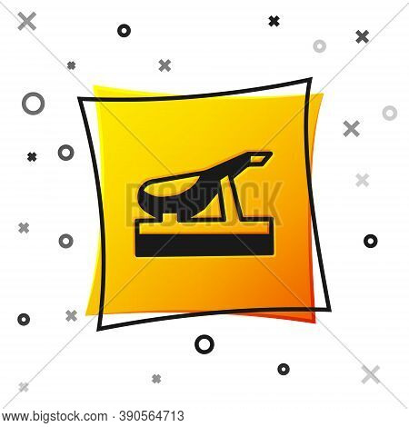 Black Spanish Jamon On The Wooden Jamonera Icon Isolated On White Background. Yellow Square Button. 