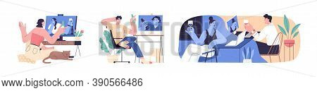 Set Of Scenes With People Videoconferencing And Drinking Wine Or Beer Together. Friends And Couple V