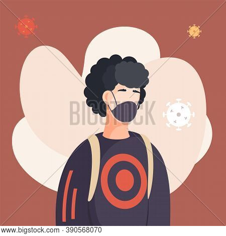 Covid-19, Portrait Of Man In Respiratory Medical Mask, Flying Virus Pathogen Around. Spreading Virus