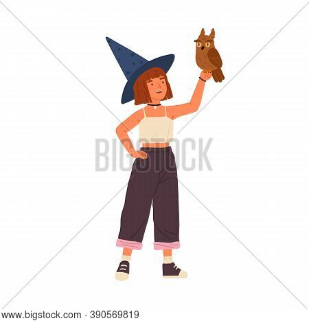 Cute Little Wizard Holding Magical Owl Vector Flat Illustration. Smiling Female Child Demonstrating 