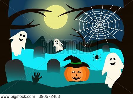 Halloween Gosts And Pumpkin In The Cemetery