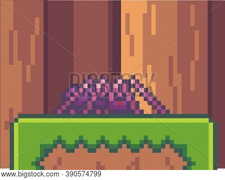Pixel Game Interface. Spider At Green Grass On The Ground In Forest Or Wood. Pixelated Monster Npc I