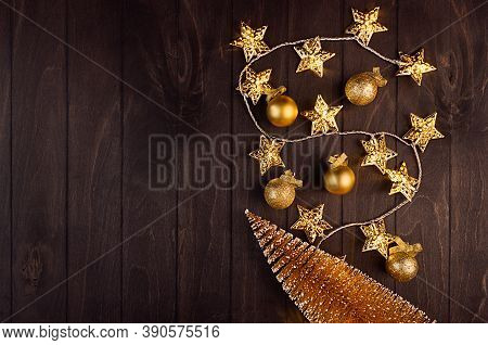 Modern Decoration For Christmas Celebration - Golden Fir, Balls, Ribbon, Glossy Golden Stars Garland