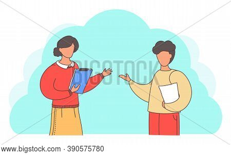Characters Talking. Woman Holding Clipboard Talking With Man Holding Papers Or Documents In Hand. Pe