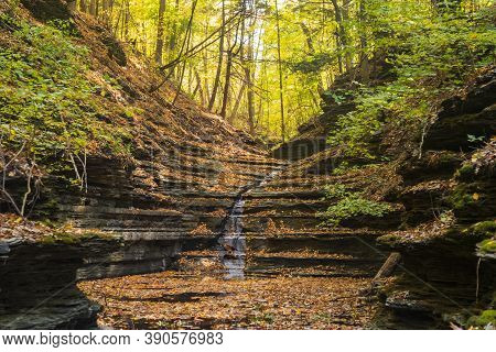 The Waterfalls At Thayer Preserve Lick Brook Flow At A Trickle During An Autumn Afternoon. Fall Foli