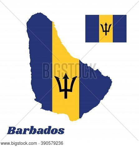 Map Outline And Flag Of Barbados, A Vertical Triband Of Ultramarine (hoist-side And Fly-side) And Go