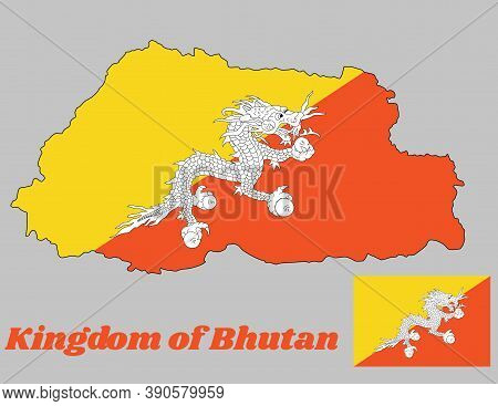 Map Outline And Flag Of Bhutan, Triangle Yellow And Orange, With A White Dragon Holding Four Jewels 