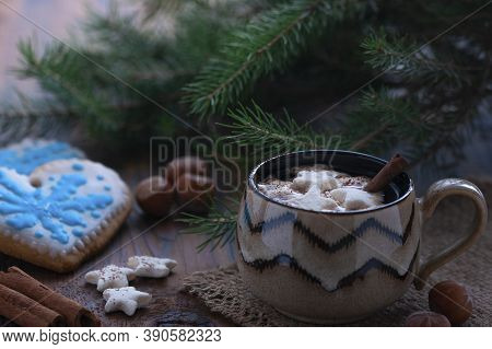 New Year. Sweet Gingerbread Cookies. Hot Cocoa With Marshmallows.