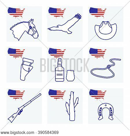 Vector Illustration Usa Set American National Symbols Eagle, Cowboy Hat, Cactus, Whiskey, Lasso, Hor
