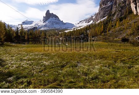 Autumn In The Dolomites, View Of Federa Lake Surrounded By Mountains. High Quality Photo
