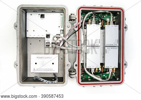 Catv System Hanging On Black Optical Fiber Cables For Amplify Tv Signals Installed With Coaxial Cabl