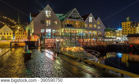 Bergen, Norway- 12 December 2015: View Of The Main Square Torgallmenningen In Th City At Night. Beau